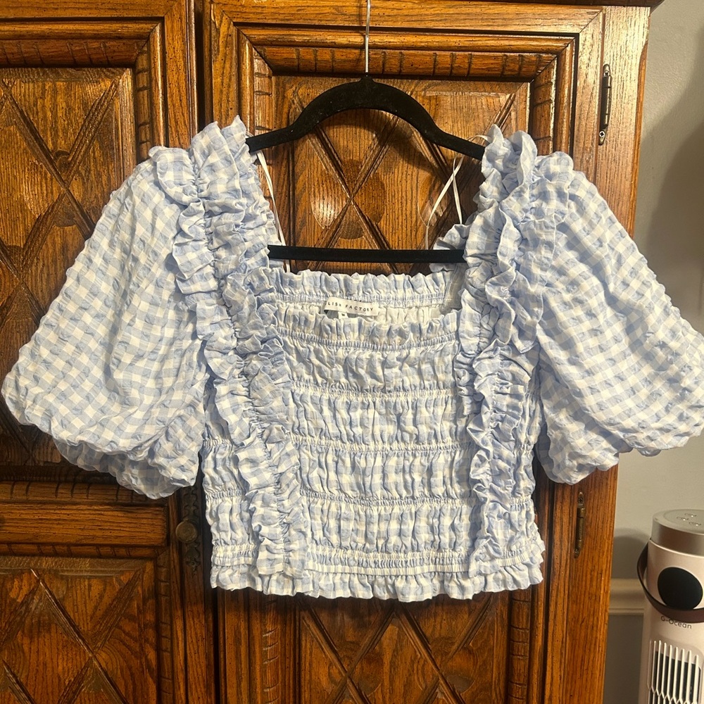English Factory Light Blue Checkered Ruffle Blouse - Picture 2 of 5